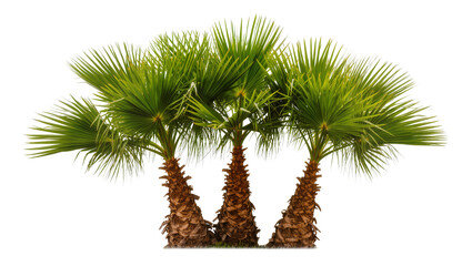 Three palm trees with green fronds and textured brown trunks © Emma