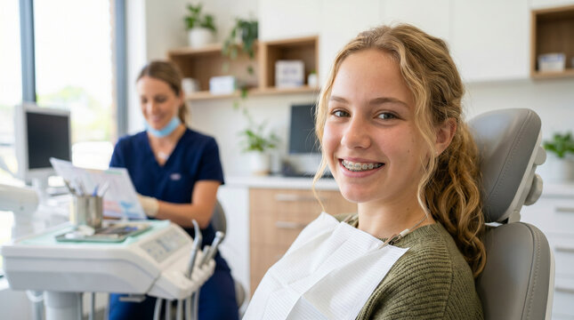 Teen patient smiling with braces in dental clinic