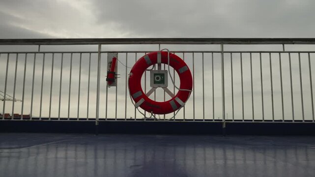 Red life preserver ring fixed to metal railing on ferry deck with grey overcast sky and port behind