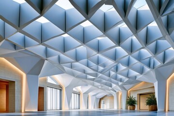 Obraz premium Modern geometric interior with vaulted ceiling and bright airy lobby space for corporate design