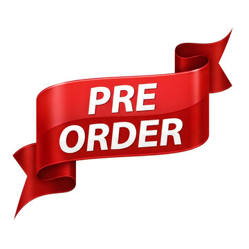 Red ribbon banner with the word pre order prominently displayed