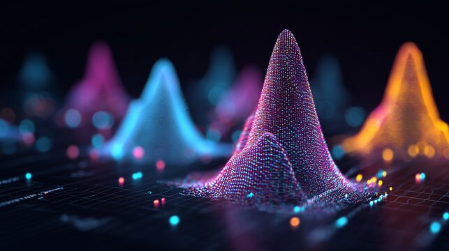 Colorful probability density peak visualization over grid representing bayesian analysis concept with probability distribution, prior update and uncertainty modeling.