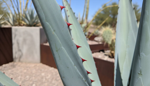 Blue Agave leaf texture with powdery glaucous surface and red thorns