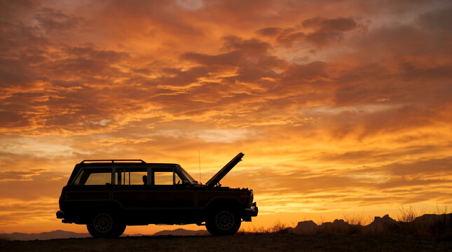 Silhouette of Broken Down Vintage SUV Car with Open Hood at Sunset Desert Concept