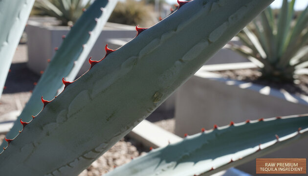 Blue Agave leaf texture with powdery glaucous surface and red thorns