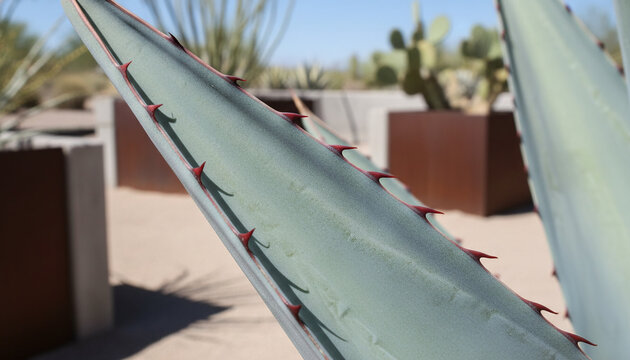 Blue Agave leaf texture with powdery glaucous surface and red thorns