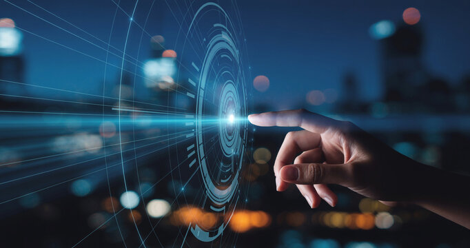 Futuristic technology interface interaction with human touch
