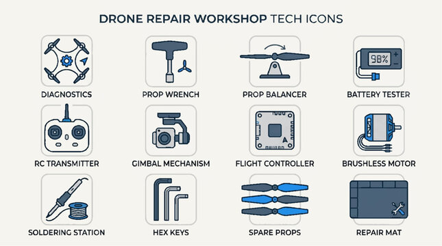 Drone Repair Workshop Tech Icons: Diagnostics, Tools, Parts, and Electronics