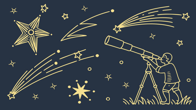 Child observing night sky through telescope with shooting stars, constellation patterns and glowing star trails, inspiring curiosity, astronomy and space exploration