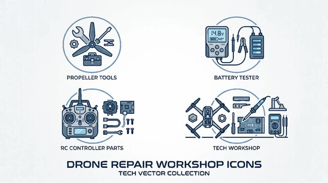 Drone Repair Workshop Icons: Propeller Tools, Battery Tester, RC Controller, Tech Setup
