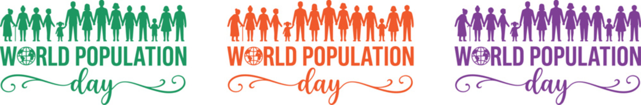 World population day awareness logos in green orange and purple