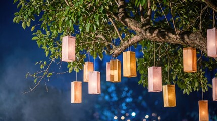 Enchanting garden pathway with hanging lanterns lush greenery tranquil evening ambience artistic landscape illustration © Ohiduzzaman