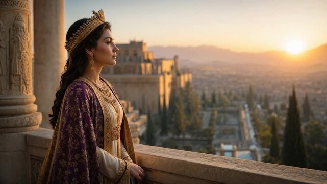 Ancient persian queen standing on a balcony overlooking a palace garden at sunset
