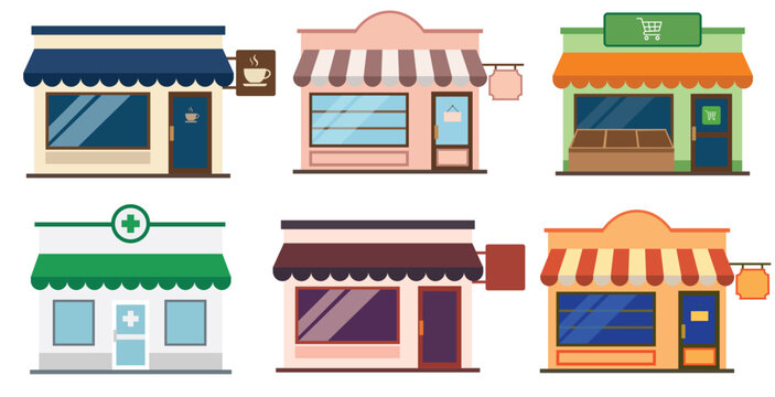Colorful storefronts of various small businesses and cafes in a cartoon style isolated on white background