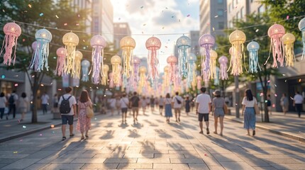 Obraz premium Elegant city promenade with festive lights lively urban atmosphere detailed digital illustration artwork