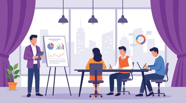 Business speaker presenting financial charts on flipchart to colleagues sitting at conference table in modern office meeting room