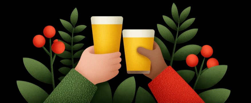 Joyous friends toasting with glasses of whiskey at a lively holiday party cartoon illustration.