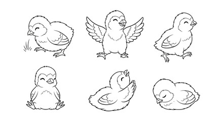 Cute Little Chicks Set in Different Poses, Outline Coloring Page © Kazaz
