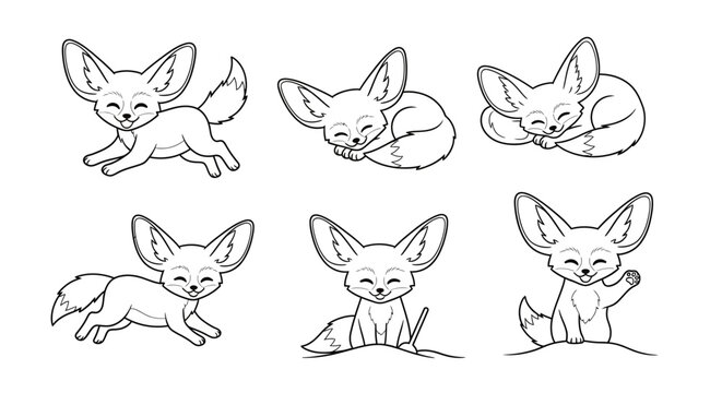 Cute fennec fox collection set, outline drawing style