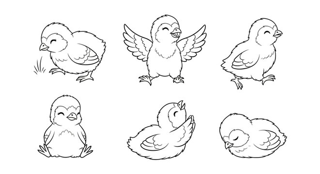 Cute Little Chicks Set in Different Poses, Outline Coloring Page