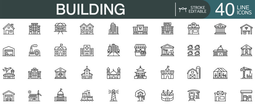 Building and real estate editable stroke line vector icon set featuring city architecture, public infrastructure, and urban property concepts.