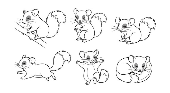 Cute Chinchilla Character Set, Line Art Collection for Coloring