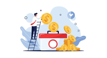 Fototapeta premium Man climbing a ladder to drop gold coins into a large medical first aid kit to represent health savings.