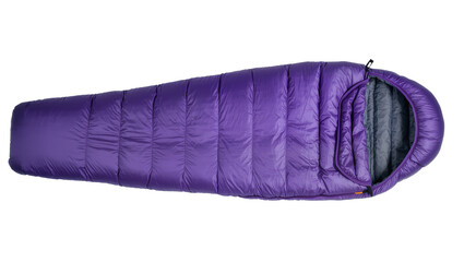 Purple mummy sleeping bag with gray interior and zipper detail © Emma