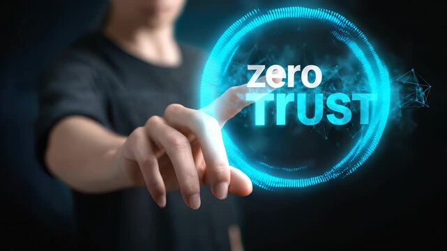 Human hand interacting with virtual interface, activating zero trust, a fundamental cybersecurity concept, ensuring stringent digital protection, secure network authentication, authorized data access