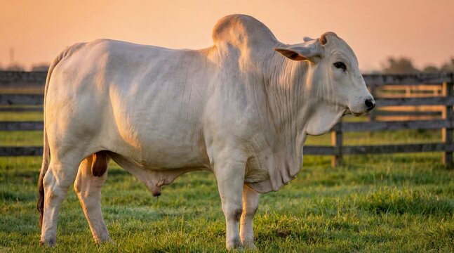 White Brahman Bull Standing in a Lush Green Pasture Under Golden Sun