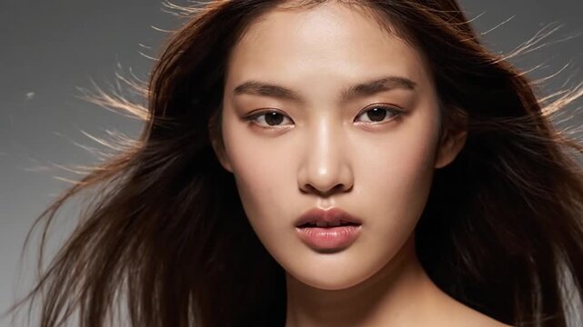 Stunning Cinematic Portrait of a Beautiful Asian Woman with Hair Blowing in the Wind Against Gray Background