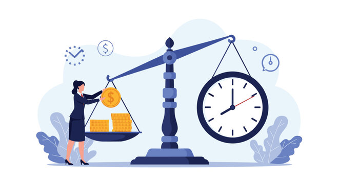 Businesswoman compares the value of time and money using a balance scale to represent work-life balance and productivity.