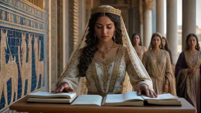 Queen esther walking through a grand ancient persian palace with attendants