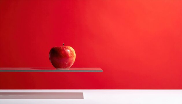 A single ripe red apple balances elegantly on a floating transparent glass shelf against a vibrant red backdrop in a clean minimalist composition, perfect for conceptual banner use.