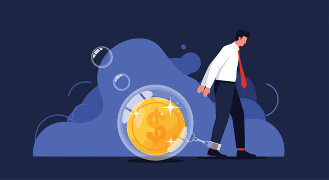 Sad businessman walks while being chained to a large gold coin trapped inside a fragile bubble representing debt.