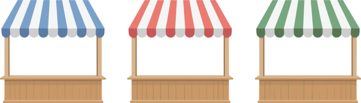 Market stall vector collection isolated, striped canopy kiosks and retail shop booth illustration design set