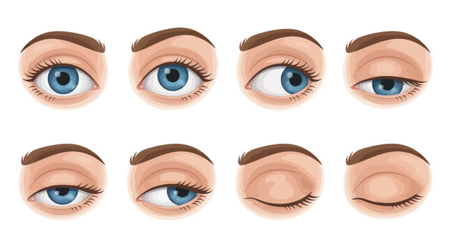 Realistic blue eye blinking sequence showing eyelid movement, detailed lashes, natural shading, anatomy study, human expression, motion, visual realism.