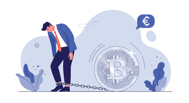 Depressed businessman stands with his feet chained to a large spinning Bitcoin coin representing financial entrapment.