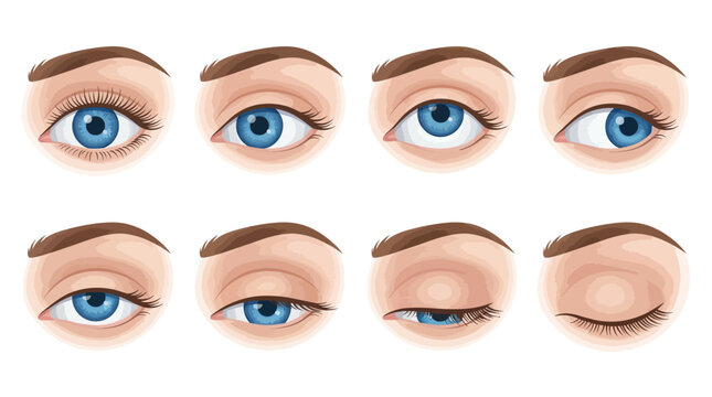 Realistic blue eye blinking sequence showing eyelid movement, detailed lashes, natural shading, anatomy study, human expression, motion, visual realism.
