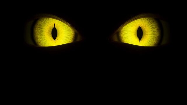 Intense close-up of glowing yellow cat eyes in darkness. Captivating gaze evokes mystery and intrigue, perfect for horror or wildlife themes