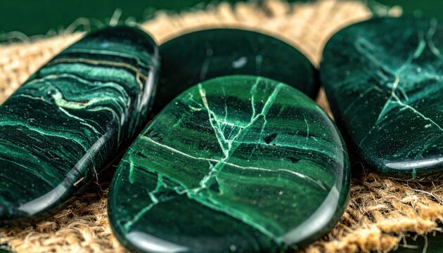 Collection of polished dark green serpentinite gemstones with lighter veining and natural patterns.