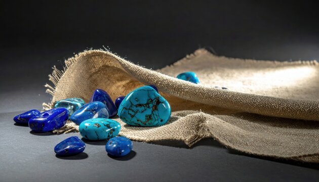 Collection of Polished Semi-Precious Stones Including Turquoise and Lapis Lazuli with Burlap Texture