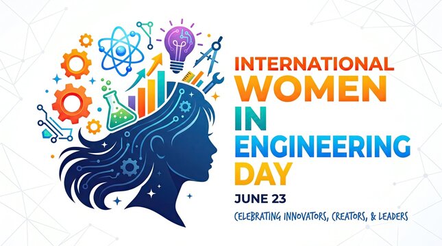 International Women in Engineering Day Celebration Banner with Colorful STEM Icons