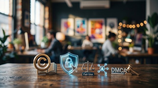 Intellectual property and cybersecurity legal concepts on office desk