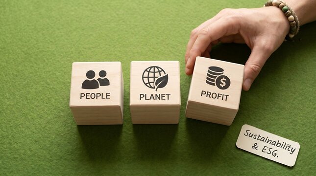 Three wooden blocks representing People, Planet, and Profit, symbolizing the core tenets of sustainability and ESG principles.