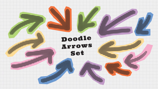 Colorful Doodle arrows set on grid paper. Halftone dotted direction pointers, curved signs, comic marker texture, central lettering, playful note accent. Flat vector illustration