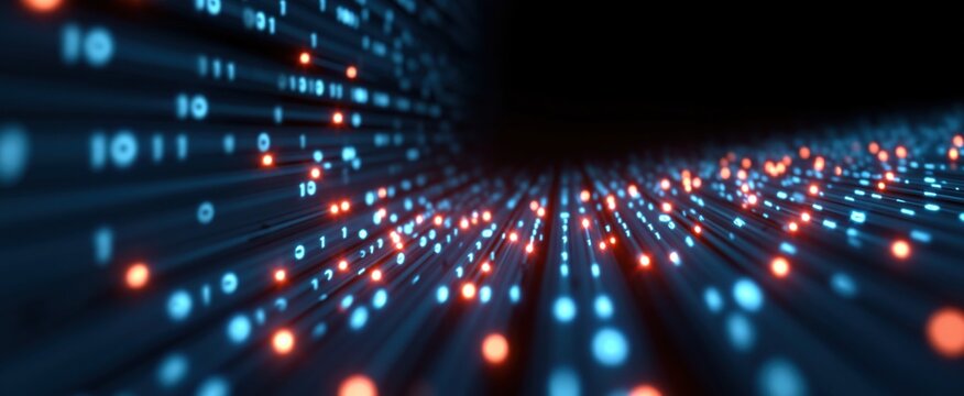 Futuristic binary code stream backdrop with bright nodes and digital networks for tech advancement