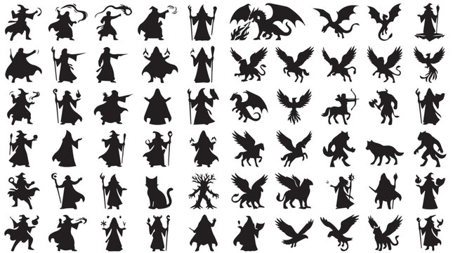 Fantasy wizard and mythical creature silhouettes, 60 magic character icons, black dragon and sorcerer vector set for gaming and storytelling