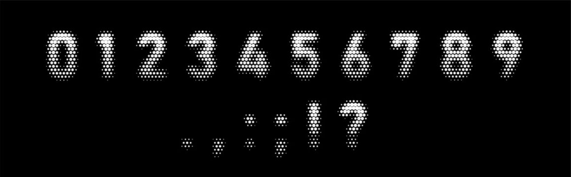 Numbers and punctuation marks, white halftone dotted pattern effect typographic numeric symbols, vector retro pixel font