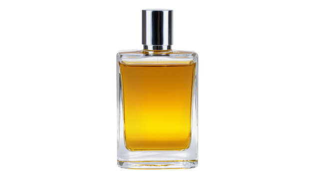 Rectangular glass perfume bottle with golden liquid and silver cap
